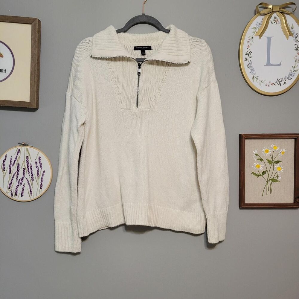 Banana Republic Cream Quarter Zip Sweater Cotton Wool Cottage Fisherman Classic